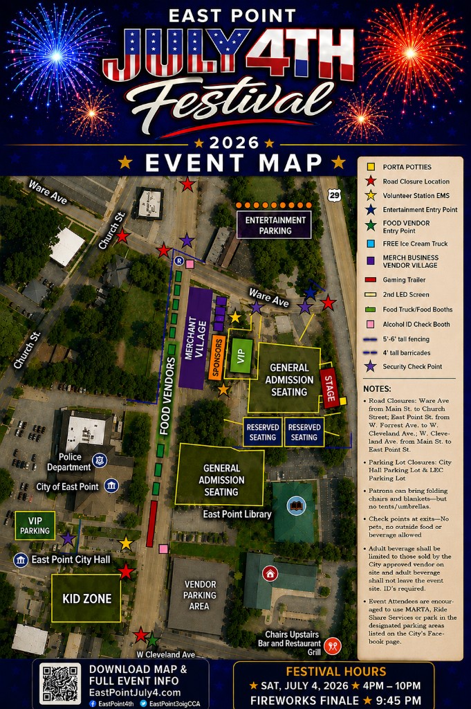 July Fourth Festival 2026 — aerial downtown East Point map with Kid Zone, stages, seating, vendors, parking, and road closure legend